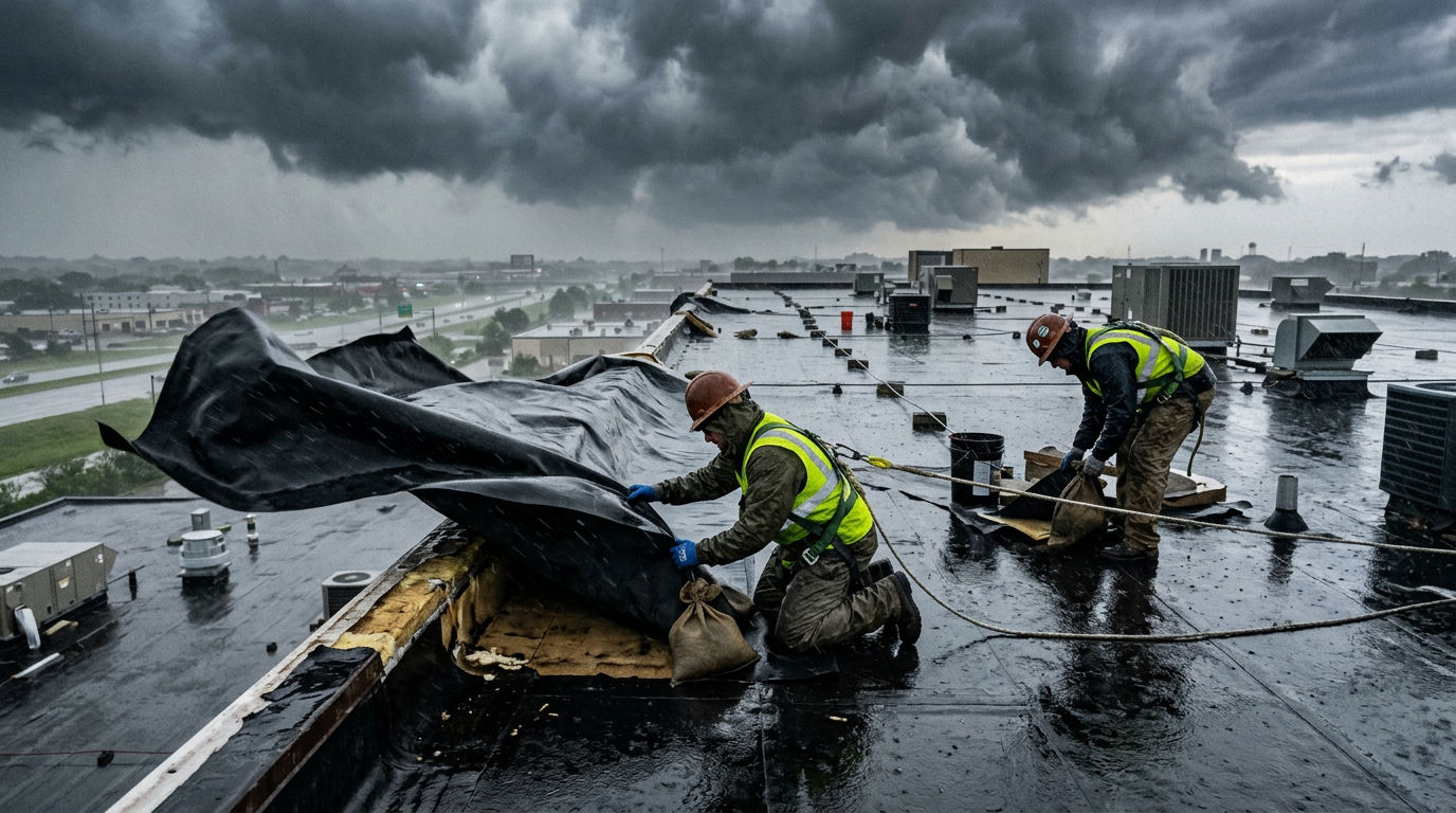 Emergency commercial roof repair during storm damage and wind conditions
