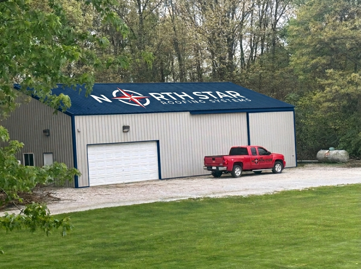 North Star Roofing Systems blue-roof building and branded truck project experience visual