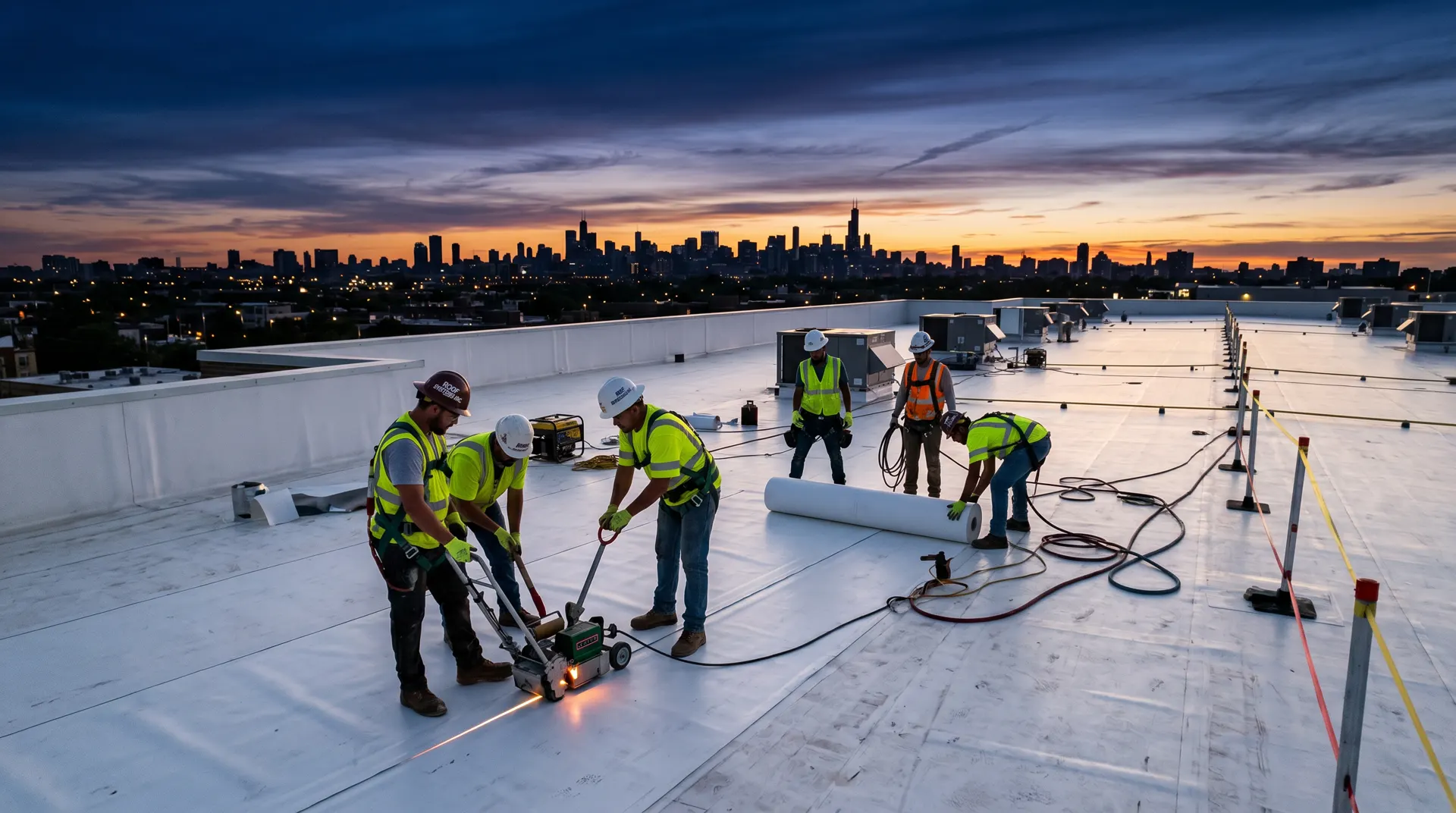 North Star Roofing Systems crew on a commercial TPO roof with Chicago skyline at dusk