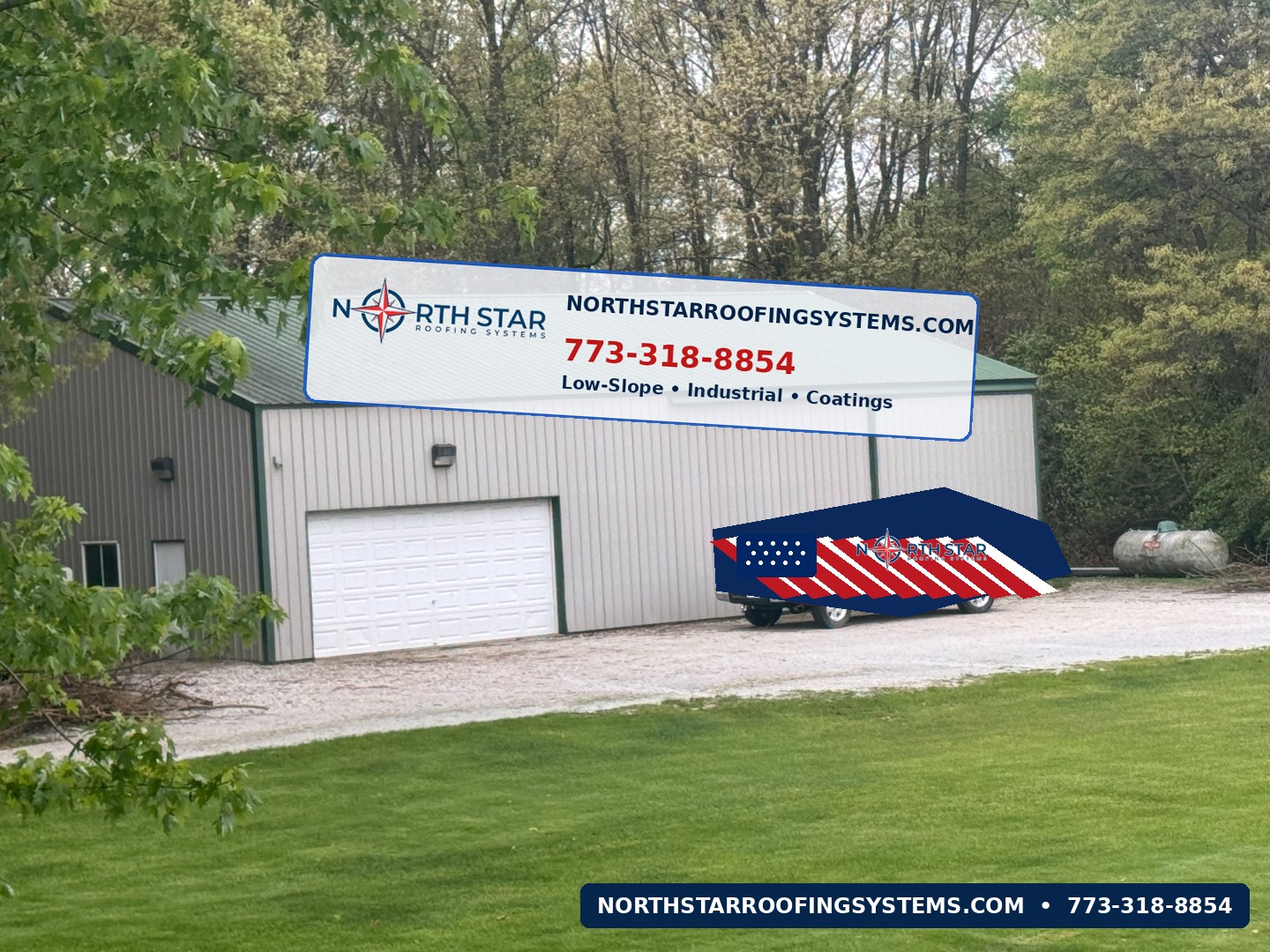 North Star branded pole barn and truck concept with website and phone number